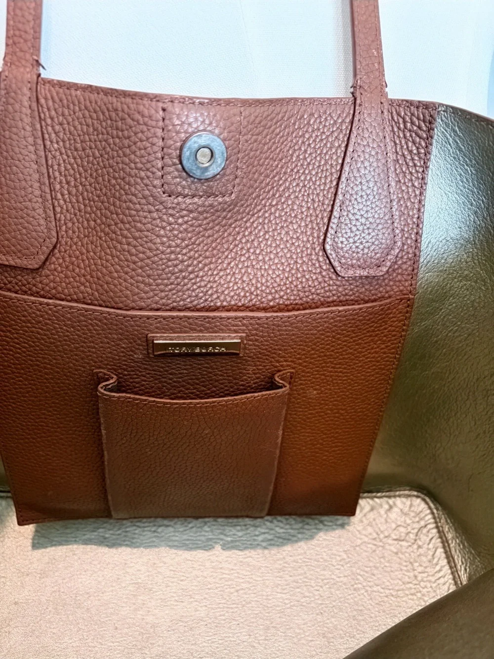Tory Burch Large Pebbled Leather Tote Cognac Brown Gold Interior Shoulder Bag